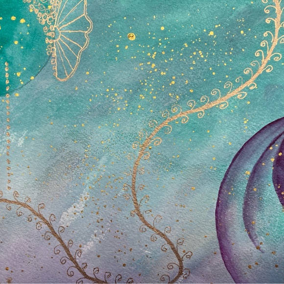 Abstract Original Watercolor Gold Leaf Floral Green & Purple Painting, 9x12 - Picture 12 of 13